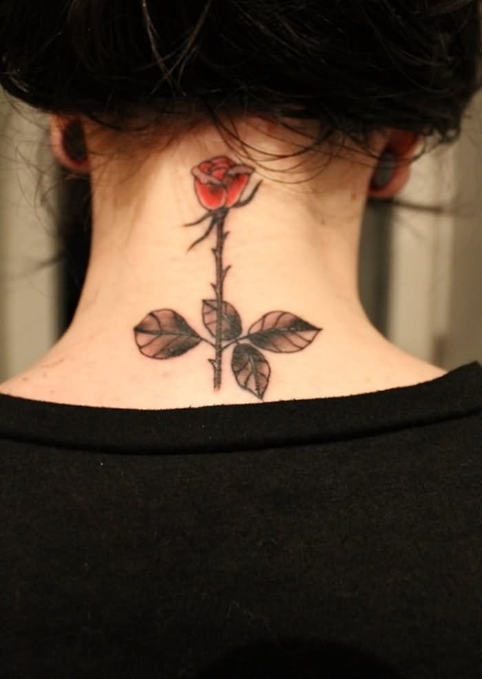 Rose Tattoo On Girl Back Neck