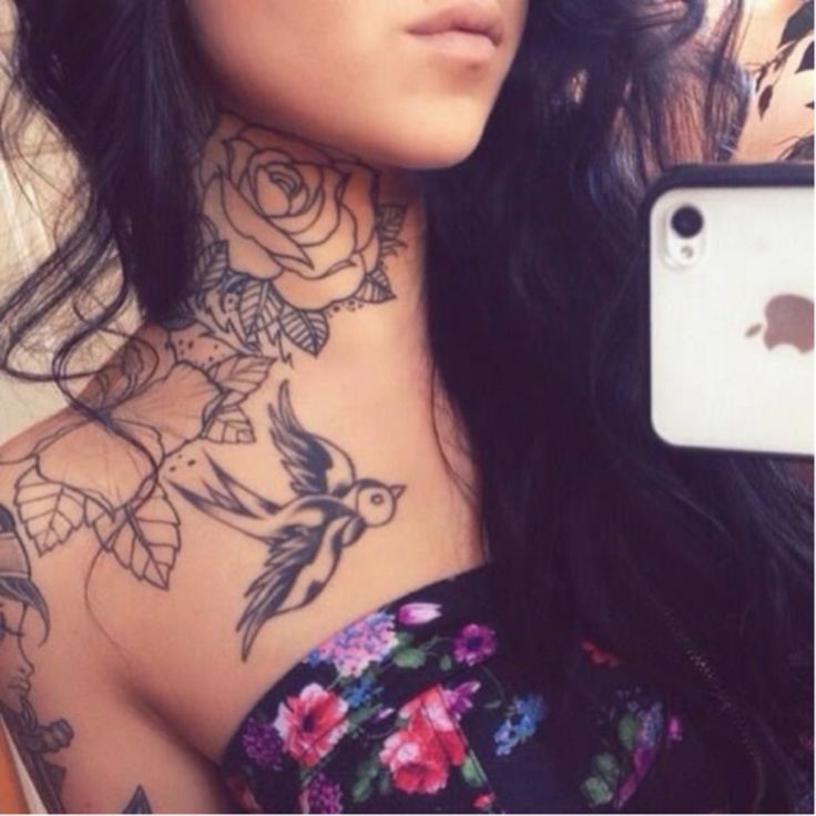 Rose Tattoo On Girl Side Neck