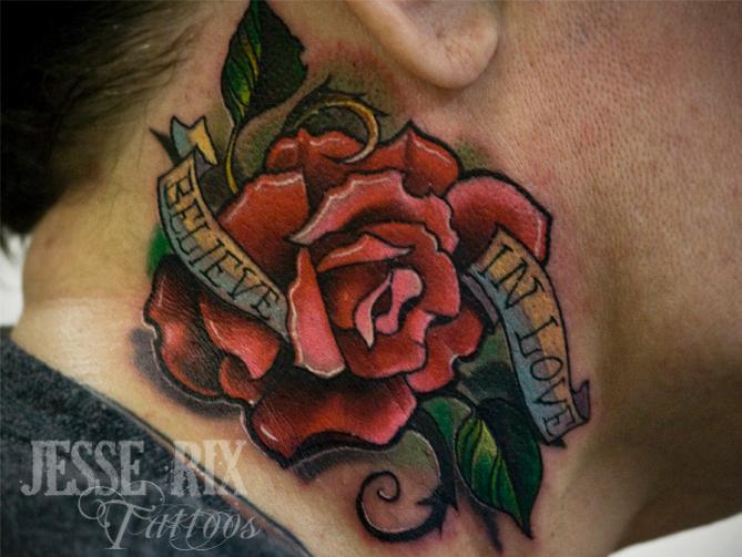 Rose With Banner Tattoo On Side Neck