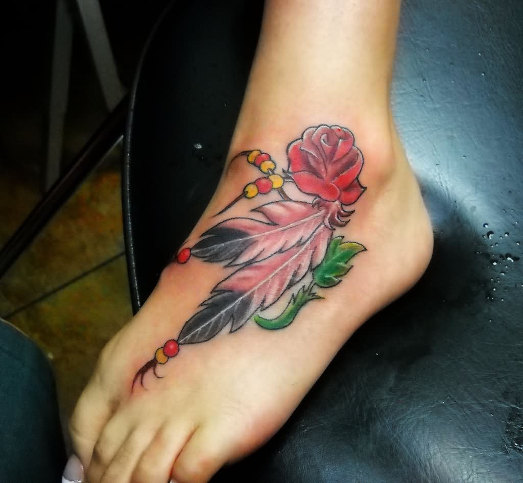 Rose With Feather Tattoo On Left Foot Ankle