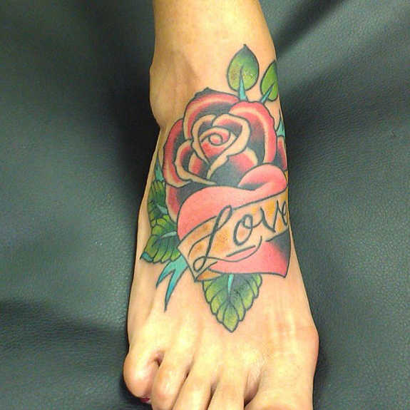 Rose With Heart With Banner Tattoo On Right Foot