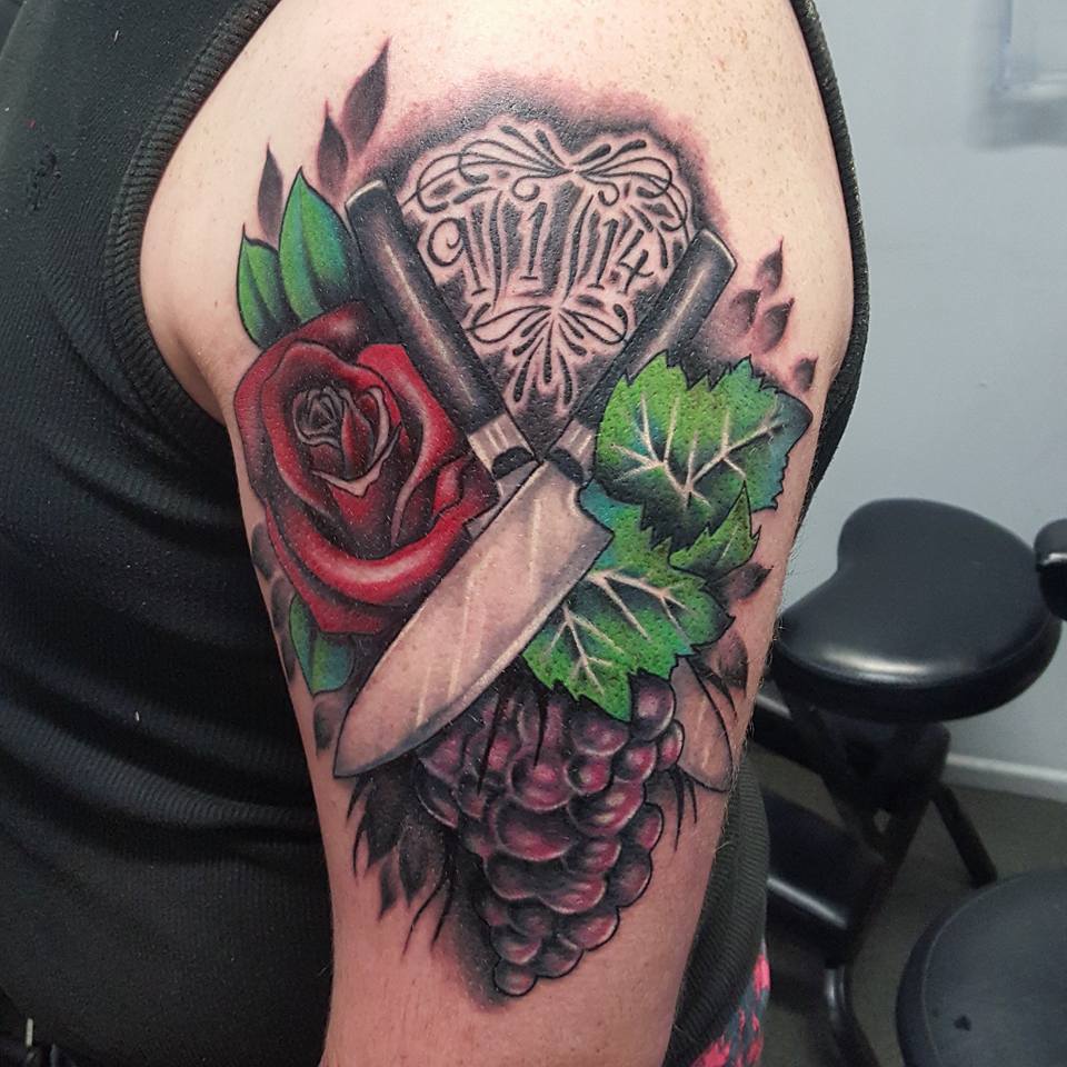 Rose With Knife And Grapes Tattoo On Shoulder by Jamie