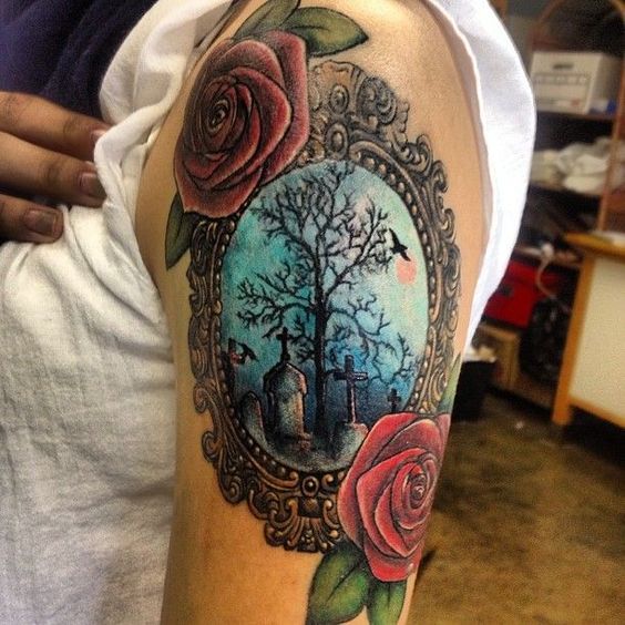 Roses And Girly Mirror Tattoo On Left Shoulder