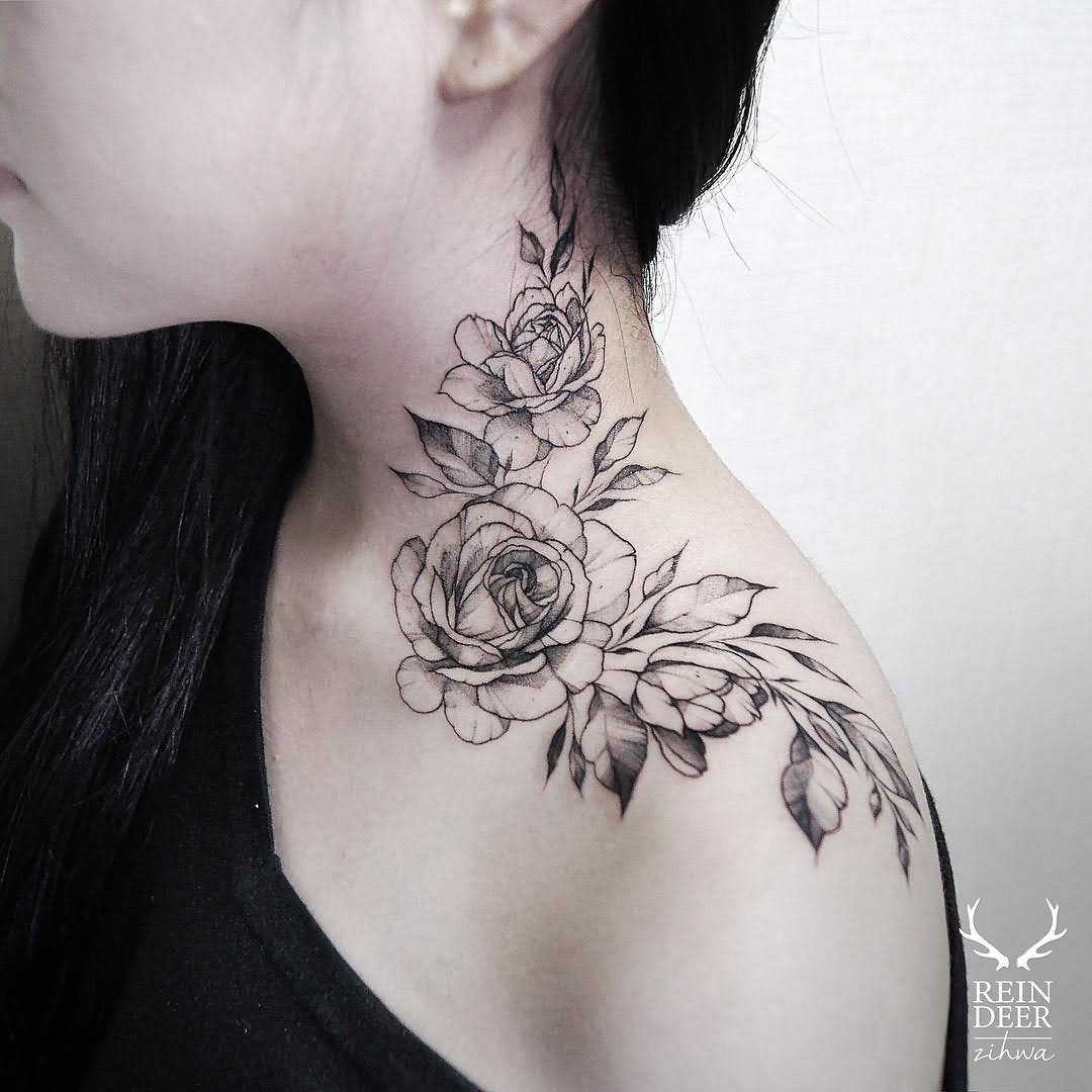 Roses Tattoo On Girl Shoulder And Side Neck