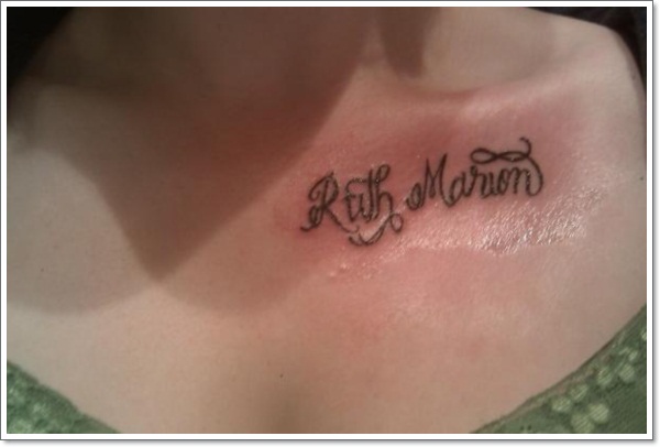 Ruth Marion Lettering Tattoo On Collar Bone