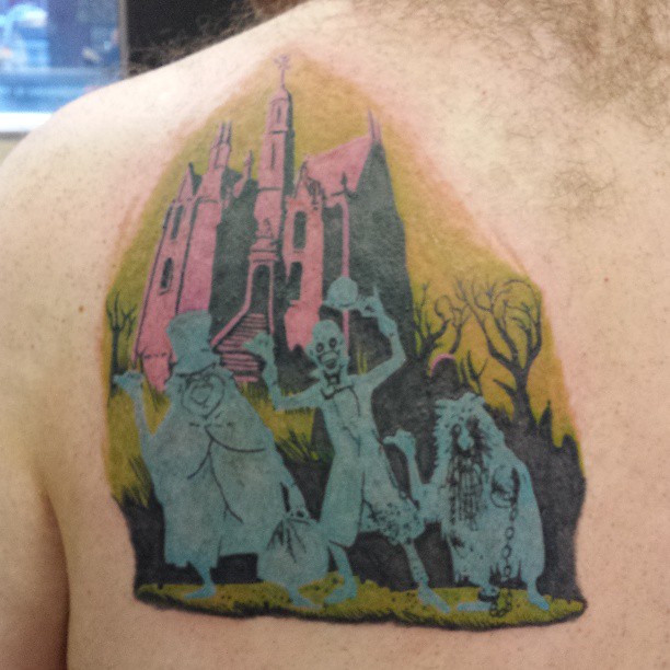 Scary Haunted House Tattoo On Left Back Shoulder