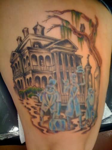 Scary Haunted House Tattoo On Leg