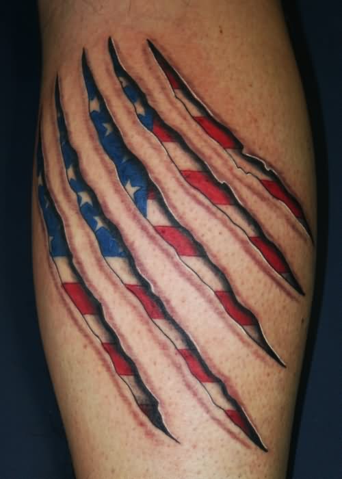 Scratched Skin USA Flag Tattoo Design For Leg Calf