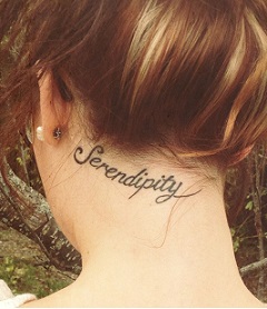 Serendipity Word Tattoo On Girl Back Neck
