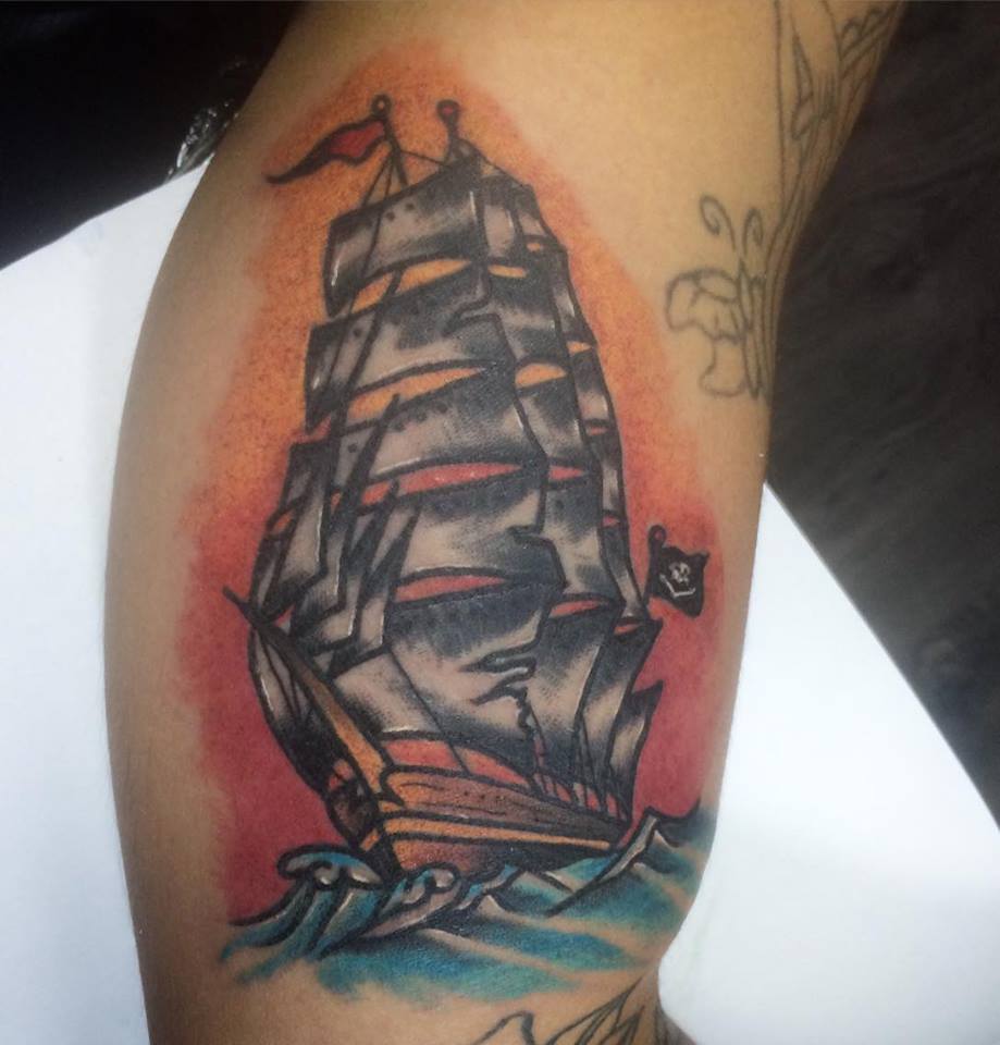 Ship Tattoo On Bicep by Kory Angarita