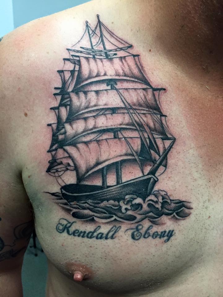 Ship Tattoo On Front Shoulder by Fletch