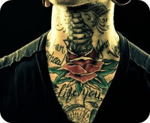 Ship With Rose Tattoo On Man Front Neck