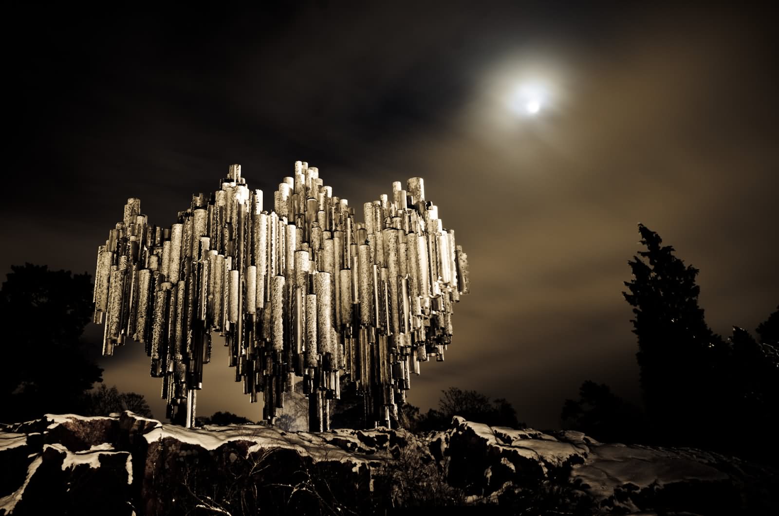 Sibelius Monument With Moon At Night