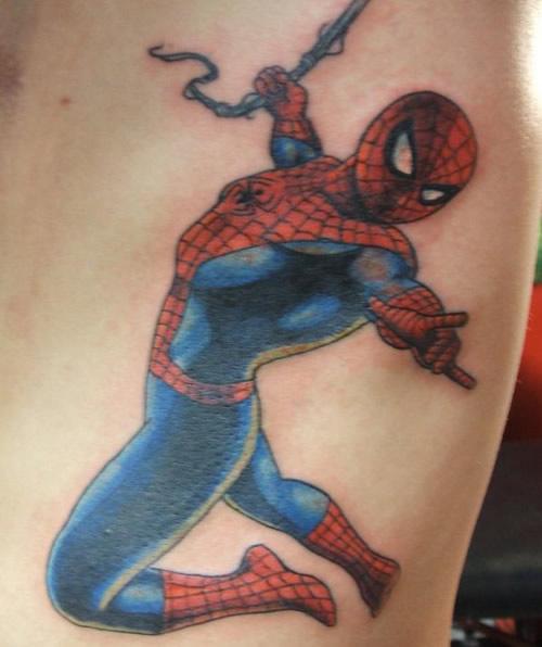 Side Rib Colored Spiderman Tattoo