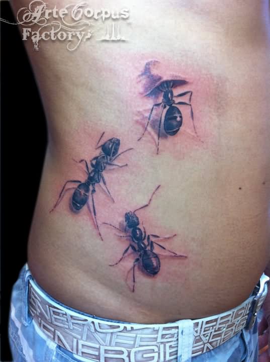 Side Rib Ripped Skin Ant Tattoo
