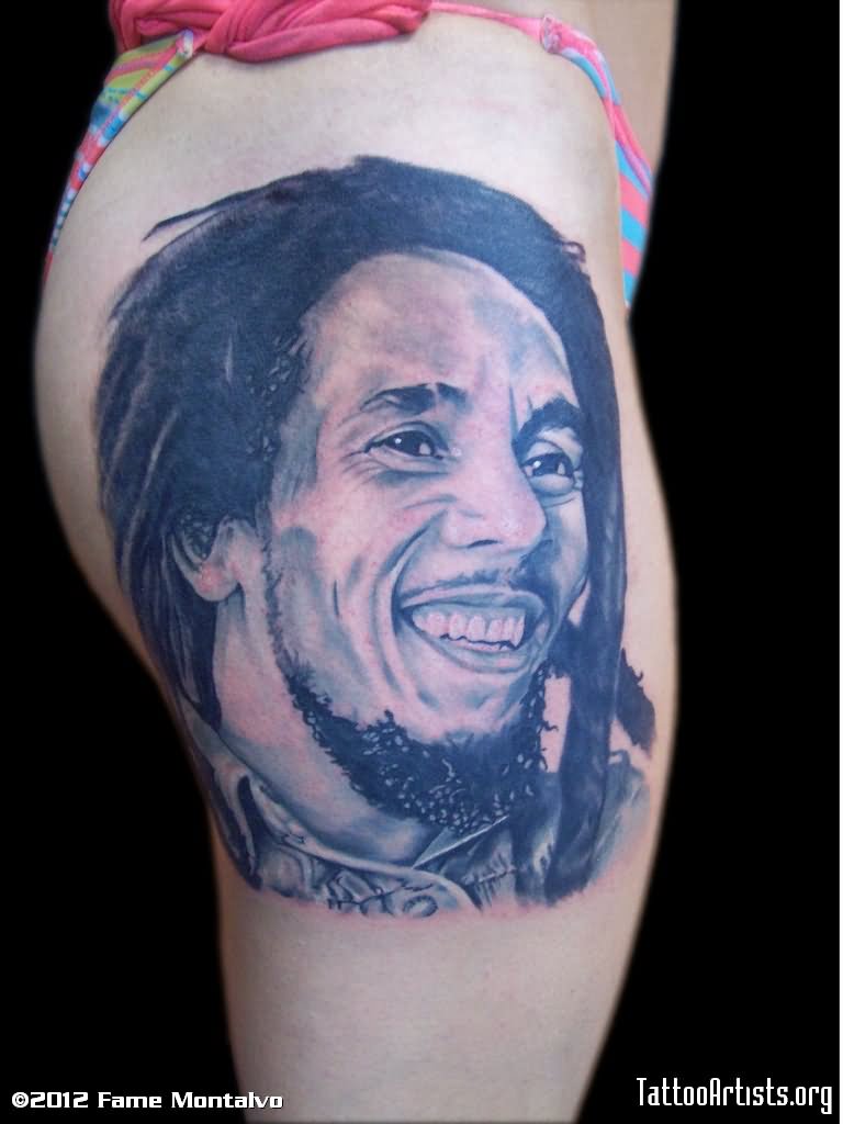 Side Thigh Bob Marley Tattoo For Girls