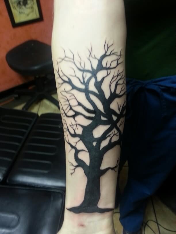 Silhouette Gothic Tree Without Leaves Tattoo On Right Forearm