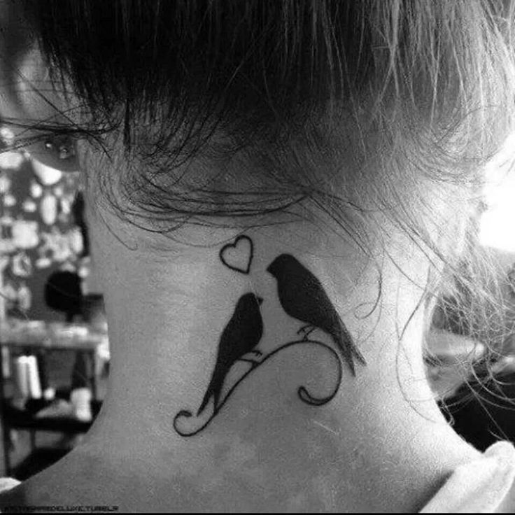 Silhouette Two Birds Tattoo On Girl Back Neck