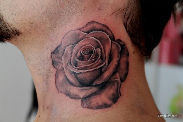 Simple Black Ink Rose Tattoo On Man Side Neck