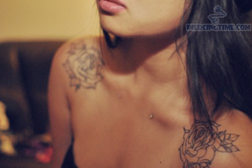 Simple Black Outline Rose Tattoo On Girl Collar Bone