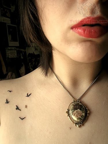 Simple Little Flying Birds Tattoo On Girl Right Collar Bone