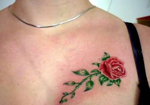 Simple Rose Flower Tattoo On Collar Bone