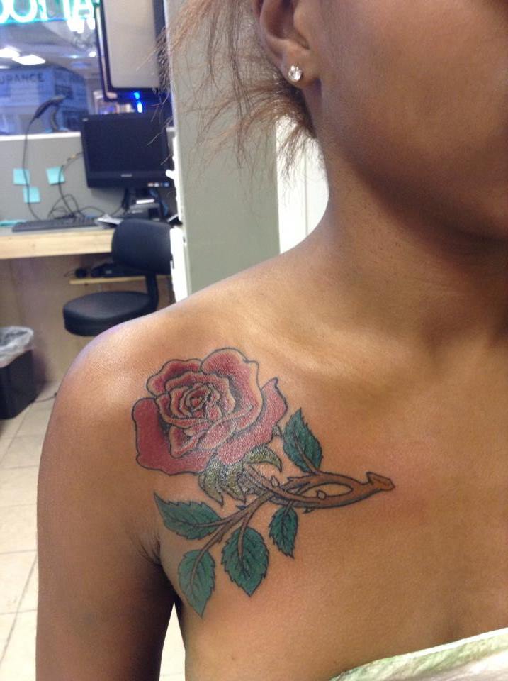 Simple Rose Tattoo On Girl Right Collar Bone