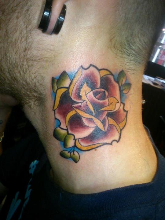 Simple Traditional Rose Tattoo On Man Side Neck