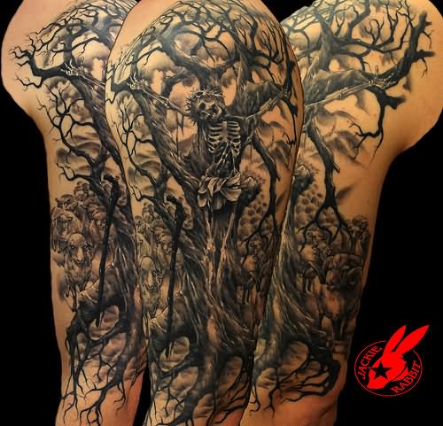 Skeleton Hanging On Gothic Tree Tattoo Design For Half Sleeve By Jackie Rabbit
