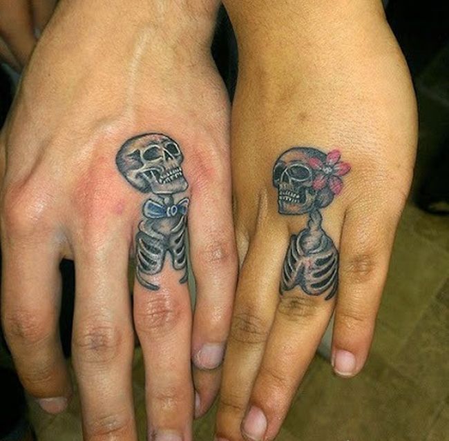 Skeleton Tattoo On Couple Finger