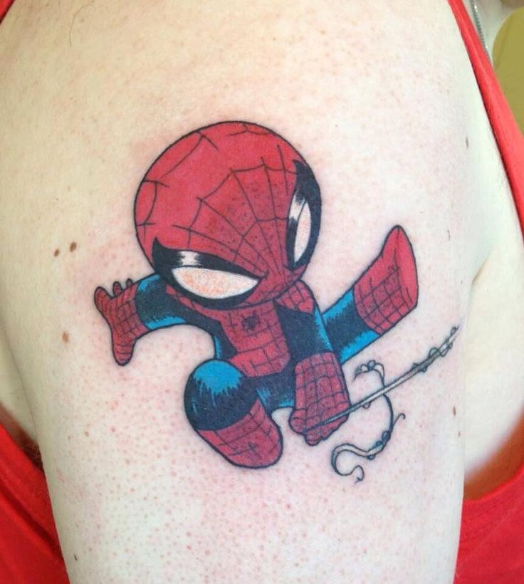 Skottie Spiderman Young Baby Tattoo On Shoulder