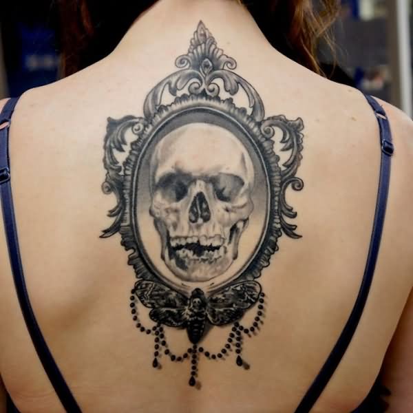 Skull Hand Mirror Tattoo On Upper Back