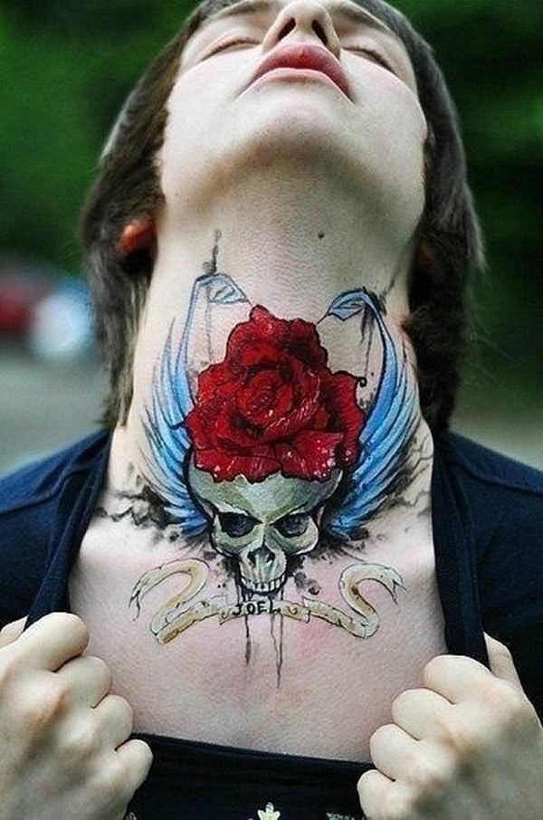 Skull With Rose And Banner Tattoo On Front Neck