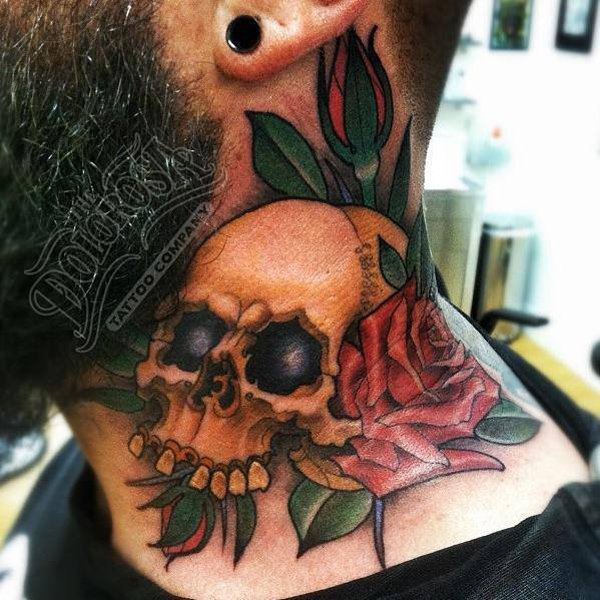 Skull With Rose Tattoo On Man Front Neck