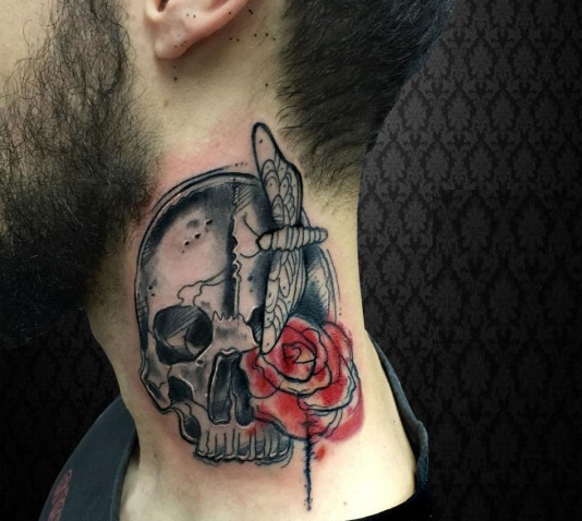Skull With Rose Tattoo On Man Side Neck