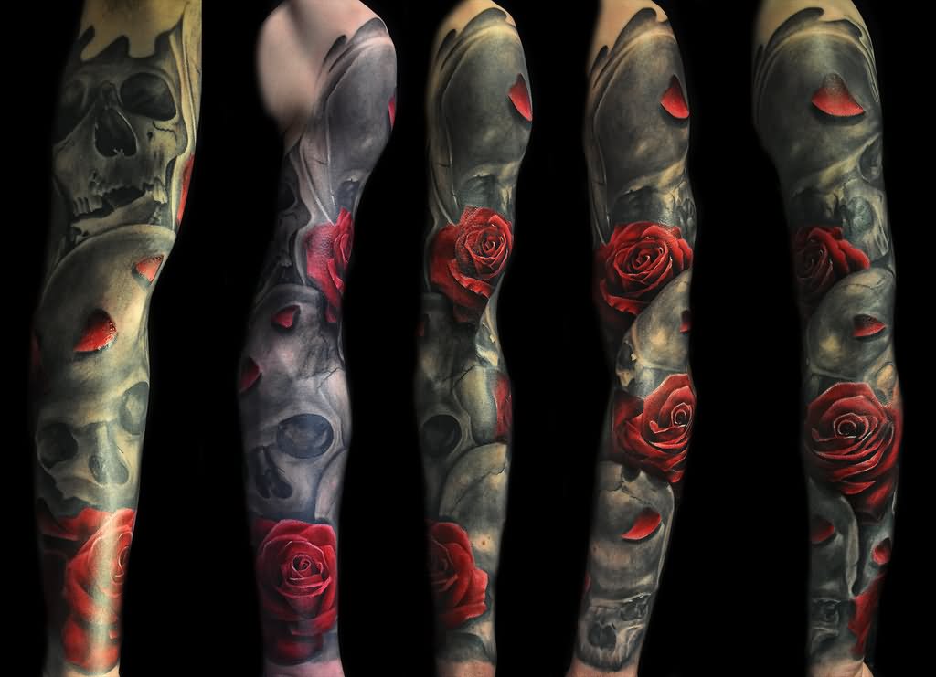 Skull With Roses Tattoo On Full Sleeve