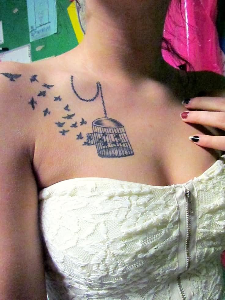 Small Birds And Cage Tattoo On Collarbone