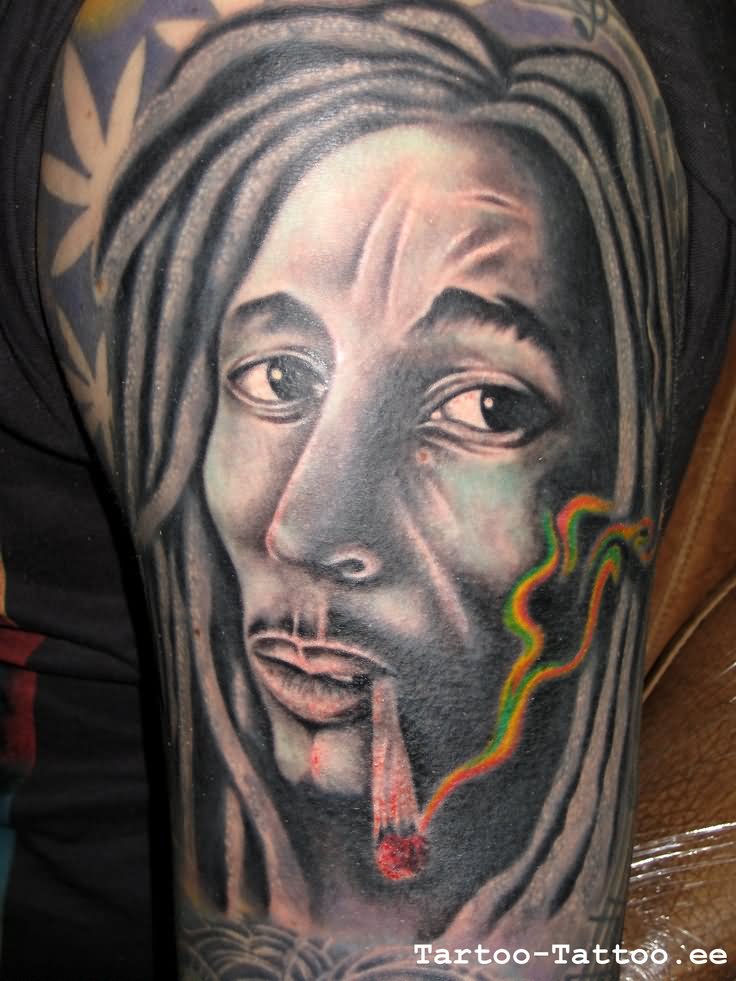 Smoking Bob Marley Tattoo On Left Shoulder