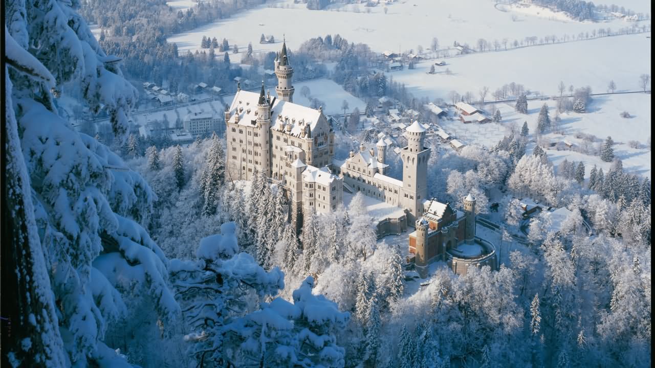 Snow Covered Neuschwanstein Castle Aerial View