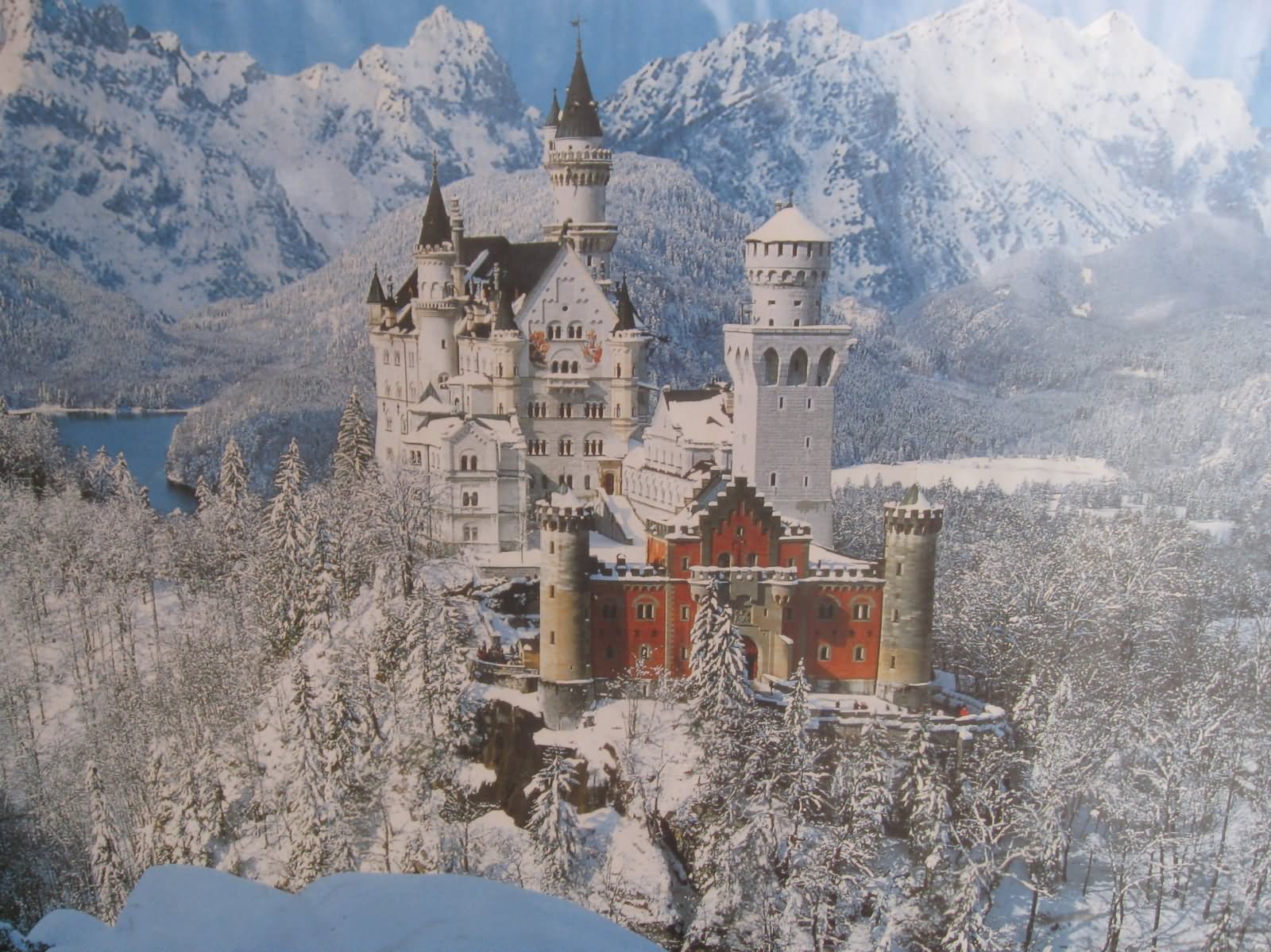 Snow Covered View Of The Neuschwanstein Castle In Germany