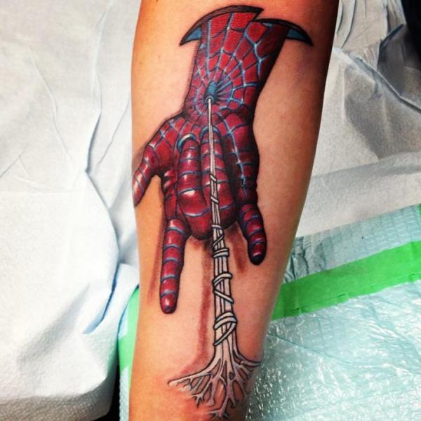 Spiderman Hand Tattoo On Left Forearm