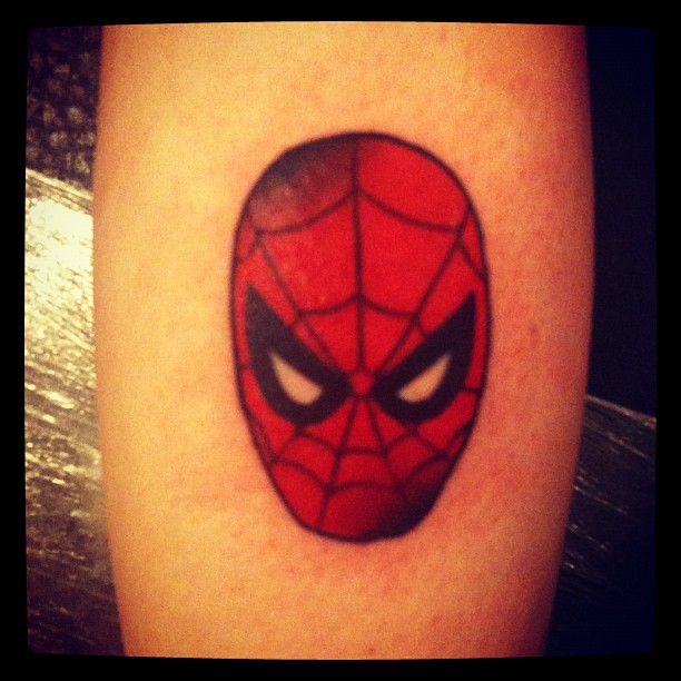 Spiderman Head Tattoo On Back Leg
