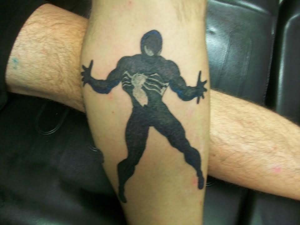 Spiderman In Black Suit Tattoo On Leg