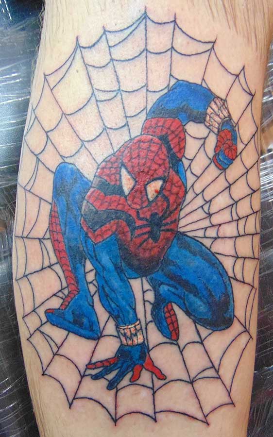 Spiderman In Web Tattoo On Leg