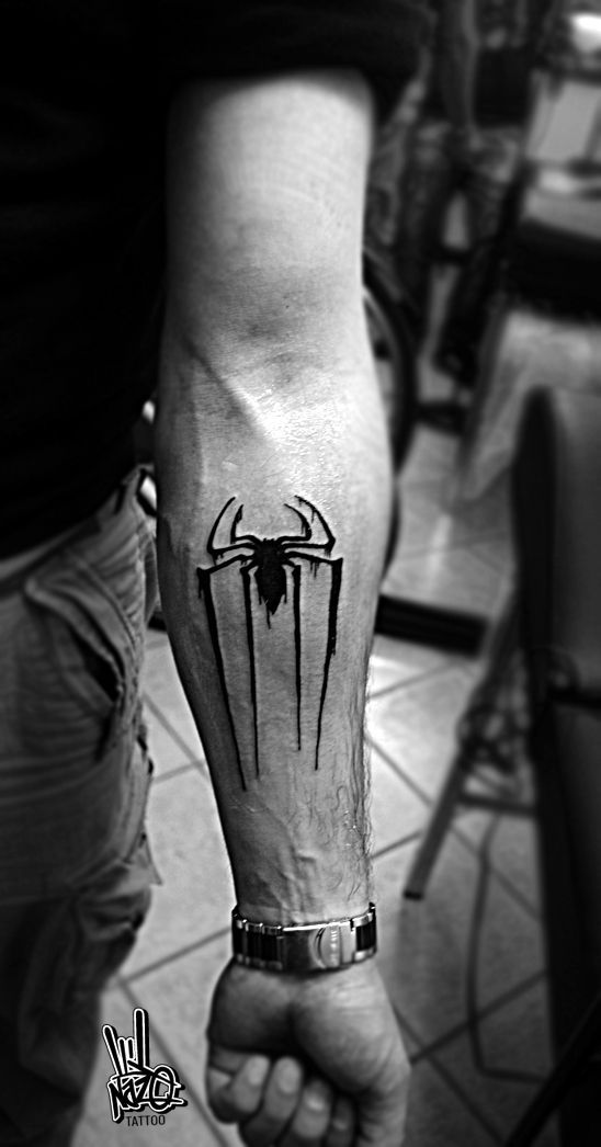 Spiderman Logo Tattoo On Left Forearm