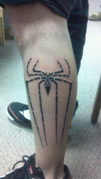Spiderman Logo Tattoo On Left Leg