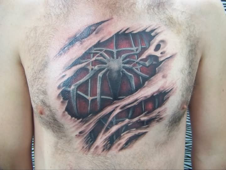 Spiderman Ripped Skin Chest Tattoo