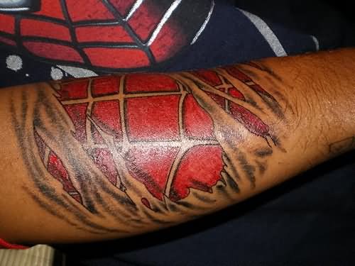 Spiderman Ripped Skin Tattoo On Leg