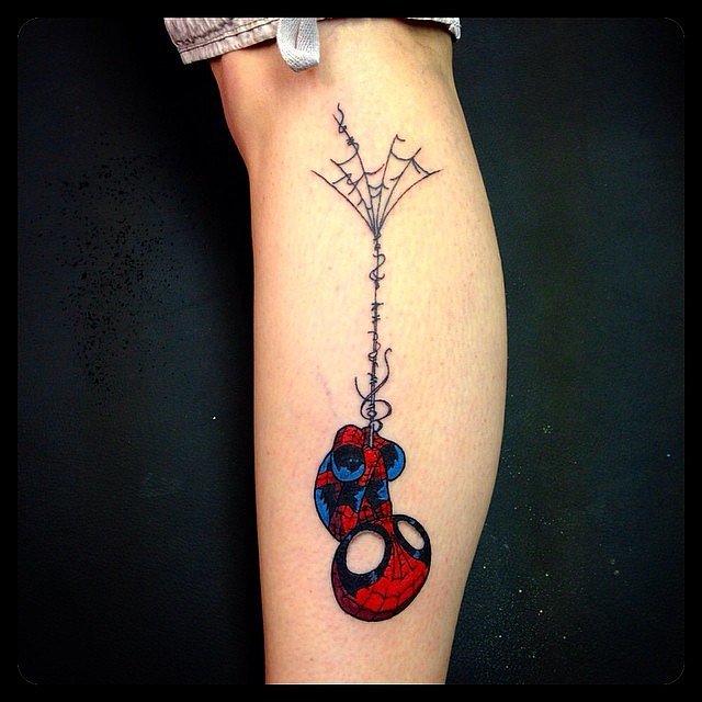 Spiderman Tattoo On Girl Leg