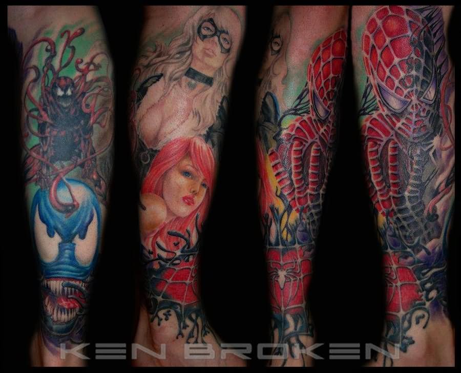 Spiderman Tattoo On Leg Sleeve by Kidnamedemcee